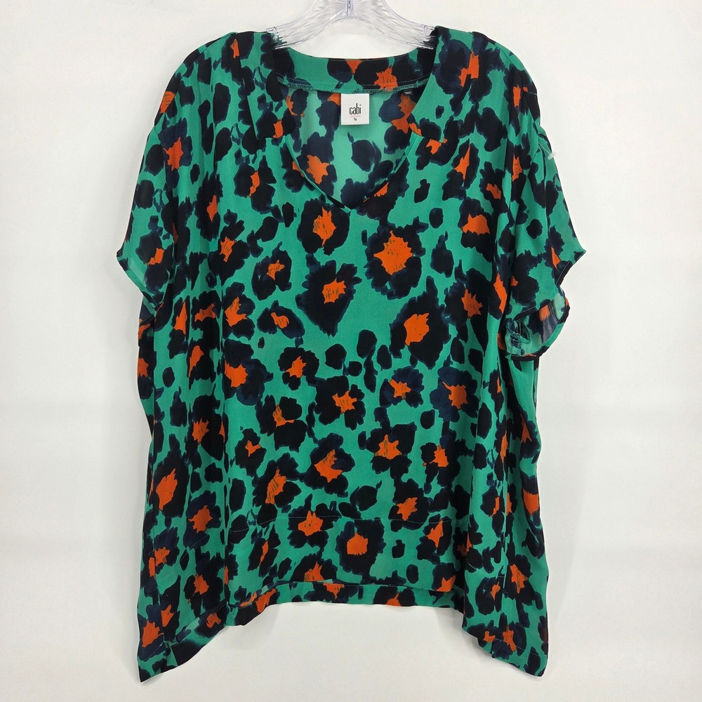 Cabi Top Large Green Orange Animal Print 5023 V-Neck Boho Eclectic Blouse